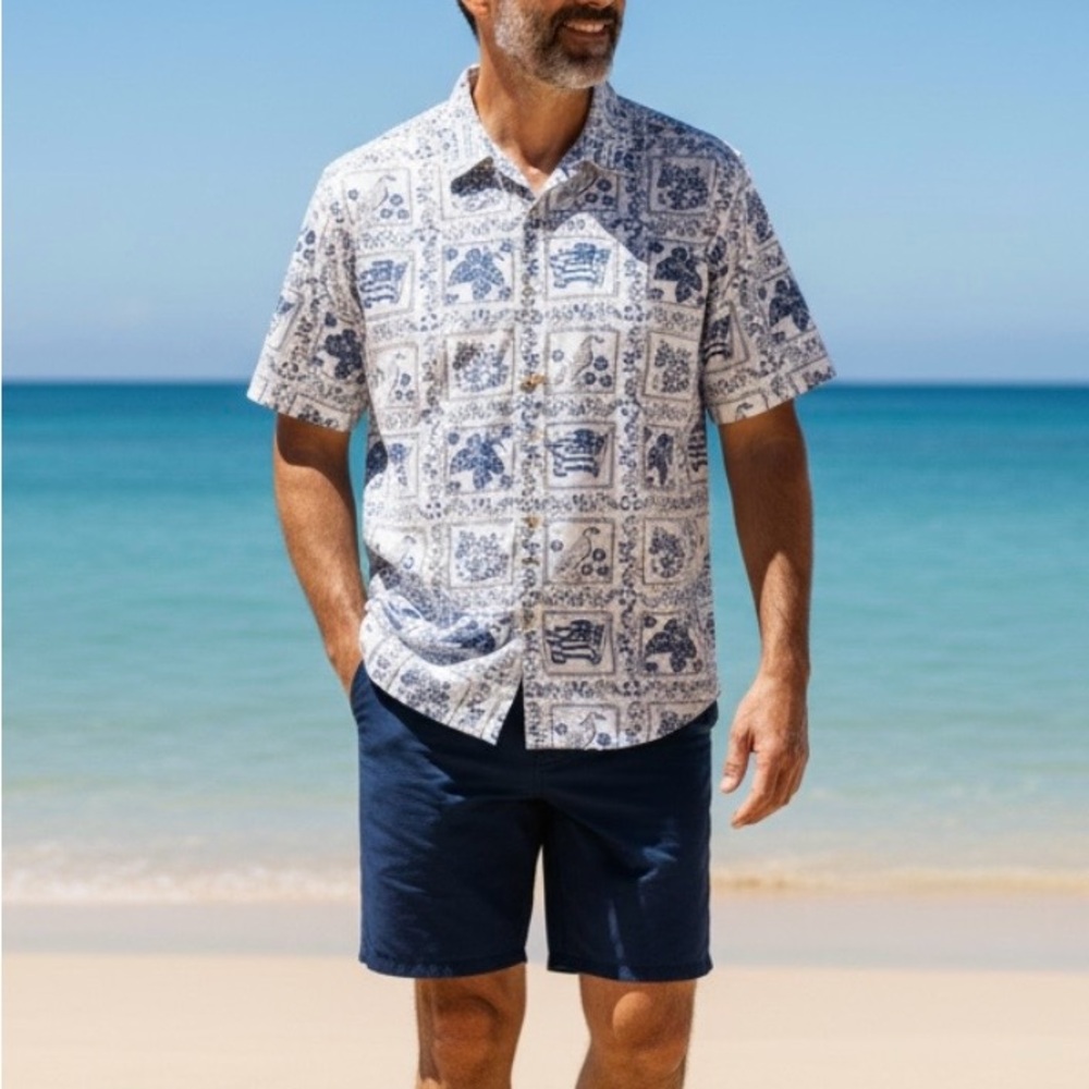 Reyn Spooner Lahaina Sailor Pullover Hawaiian Aloha‎ Shirt, White/Blue, Size 2XL